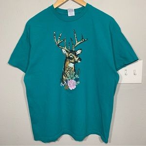 RealTree Deer Leopard Print Teal Graphic‎ Tee Womens XL
